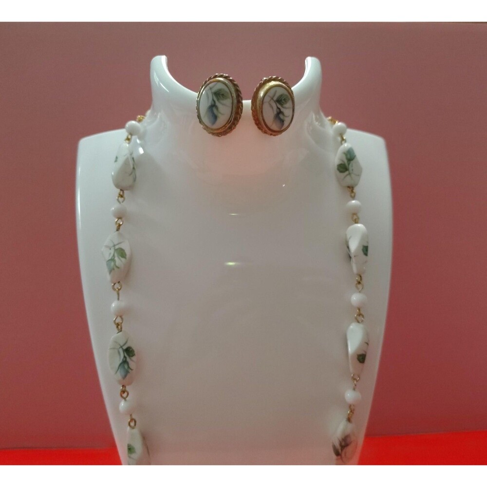 Vintage Porcelain Bead Necklace Clip On Earrings Set Hand Painted Floral Gold 3x